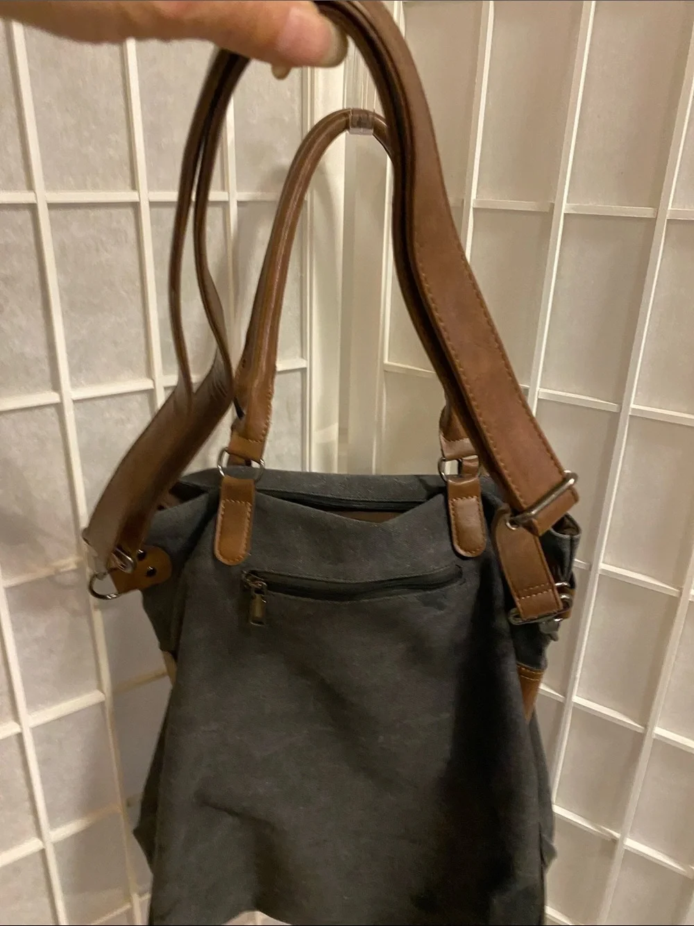 Paris Stamp light black Canvas Tote with Brown Handles and shoulder strap